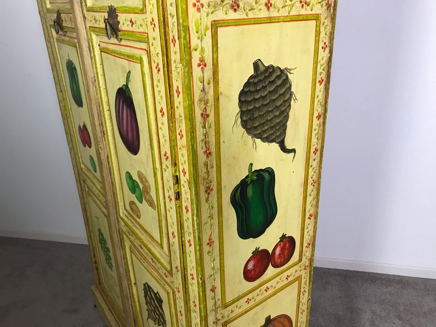 JUST ADDED - Vintage Handpainted Shabby Chic Wooden Cabinet With Vegetable Motif 37W X 14D X 71.5H [Photo 10]