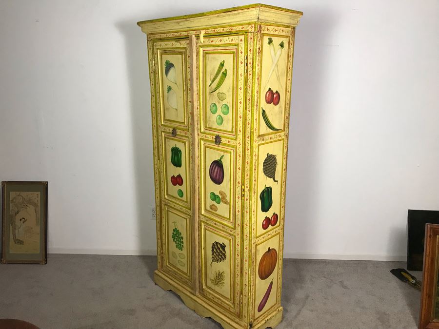 JUST ADDED - Vintage Handpainted Shabby Chic Wooden Cabinet With Vegetable Motif 37W X 14D X 71.5H [Photo 8]