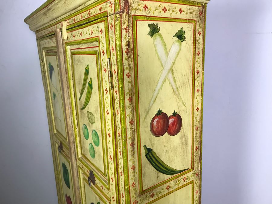 JUST ADDED - Vintage Handpainted Shabby Chic Wooden Cabinet With Vegetable Motif 37W X 14D X 71.5H [Photo 9]