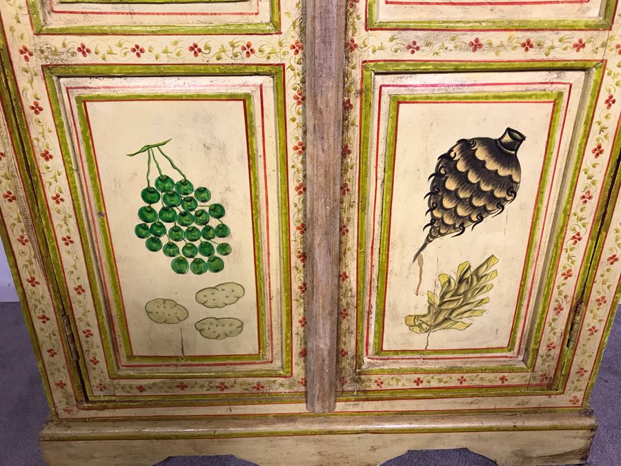 JUST ADDED - Vintage Handpainted Shabby Chic Wooden Cabinet With Vegetable Motif 37W X 14D X 71.5H [Photo 6]