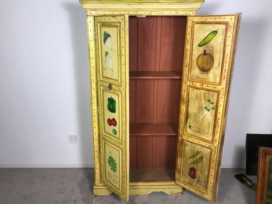 JUST ADDED - Vintage Handpainted Shabby Chic Wooden Cabinet With Vegetable Motif 37W X 14D X 71.5H [Photo 2]