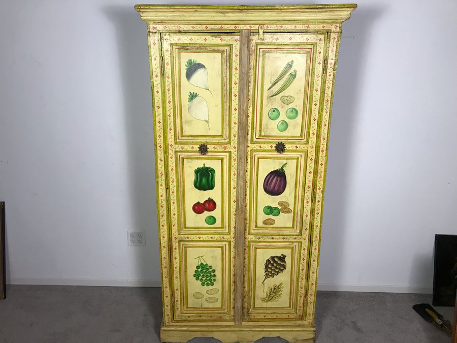 JUST ADDED - Vintage Handpainted Shabby Chic Wooden Cabinet With Vegetable Motif 37W X 14D X 71.5H [Photo 1]