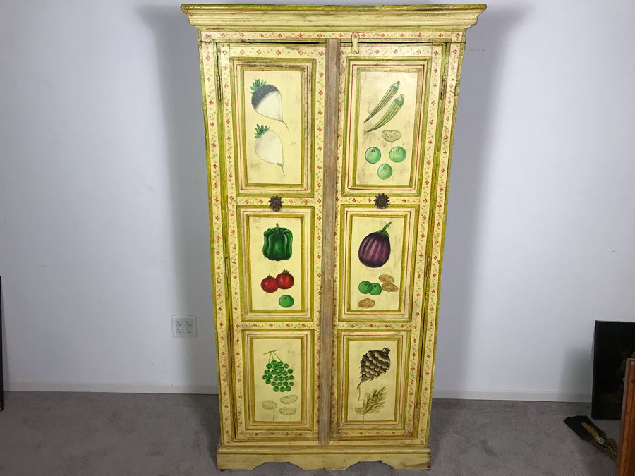 JUST ADDED - Vintage Handpainted Shabby Chic Wooden Cabinet With Vegetable Motif 37W X 14D X 71.5H [Photo 3]