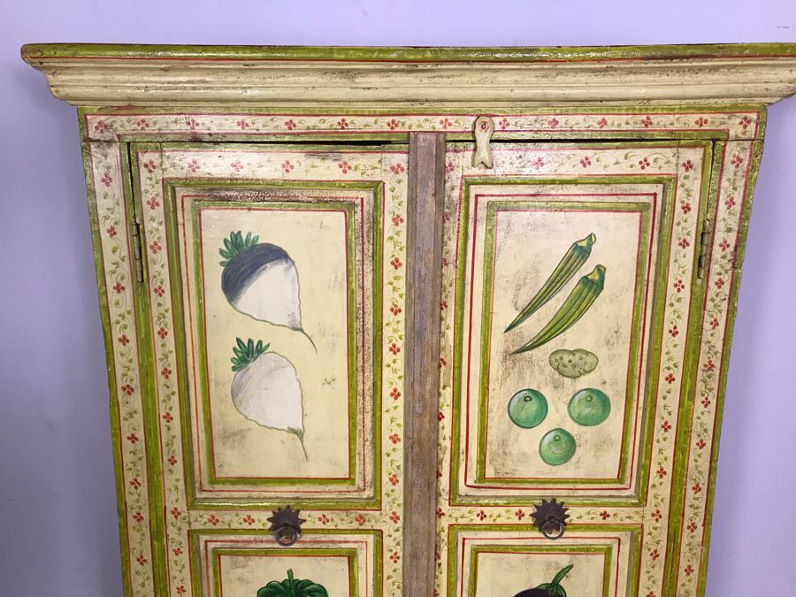 JUST ADDED - Vintage Handpainted Shabby Chic Wooden Cabinet With Vegetable Motif 37W X 14D X 71.5H [Photo 4]