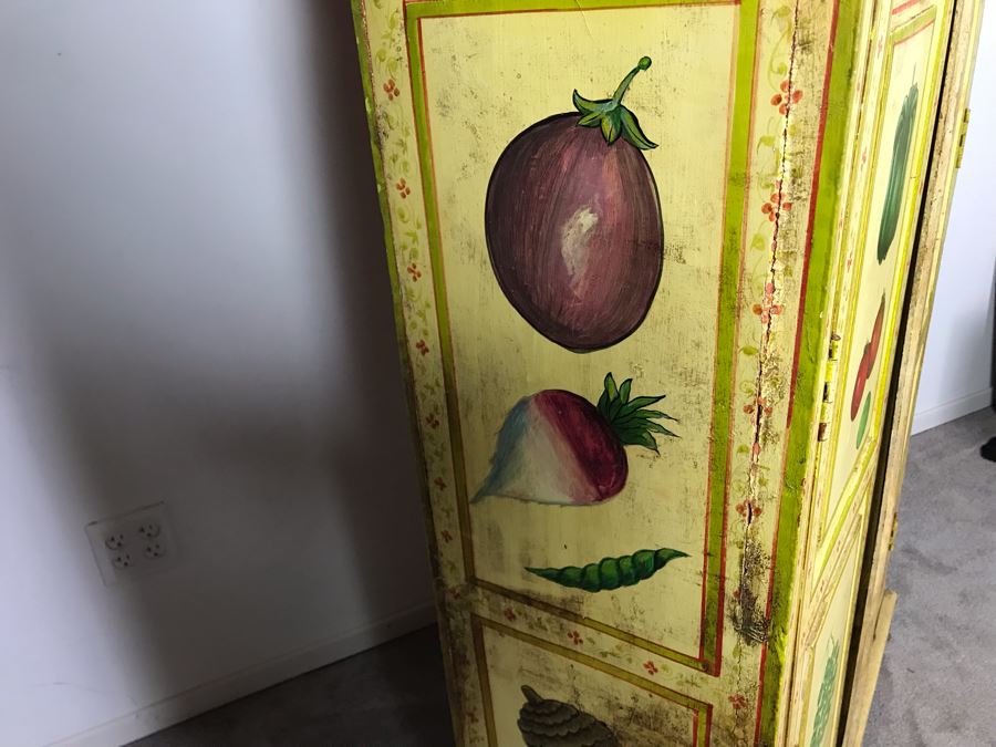 JUST ADDED - Vintage Handpainted Shabby Chic Wooden Cabinet With Vegetable Motif 37W X 14D X 71.5H [Photo 14]