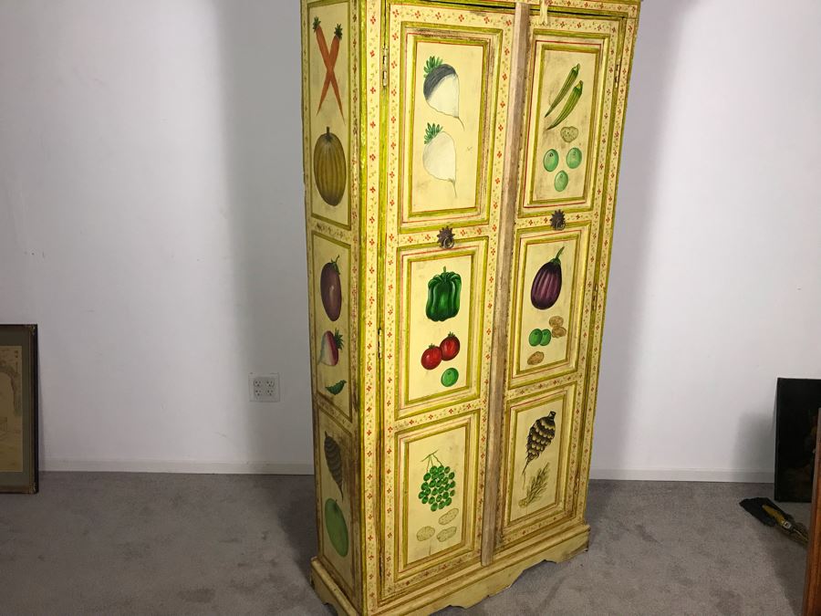 JUST ADDED - Vintage Handpainted Shabby Chic Wooden Cabinet With Vegetable Motif 37W X 14D X 71.5H [Photo 12]