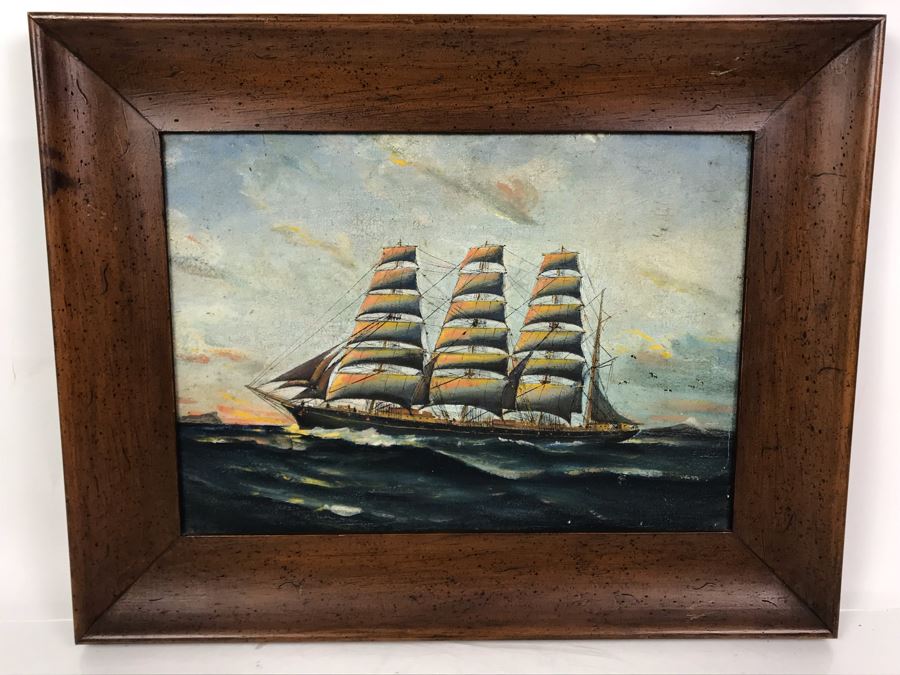 Antique Original Nautical Sailing Ship Oil Painting Signed But Signature Illegible 14 X 10 [Photo 2]