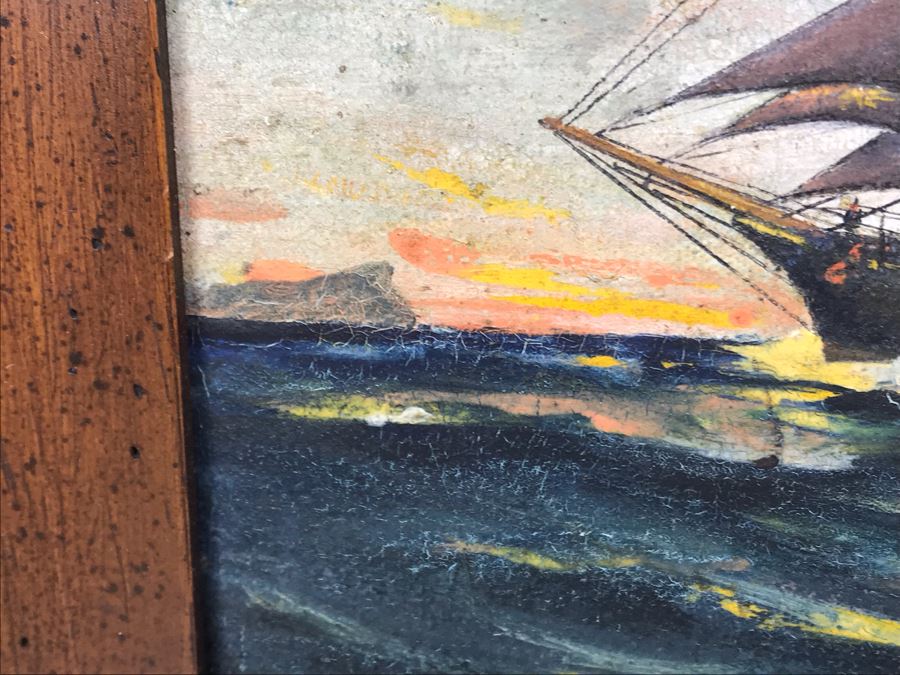 Antique Original Nautical Sailing Ship Oil Painting Signed But Signature Illegible 14 X 10 [Photo 10]