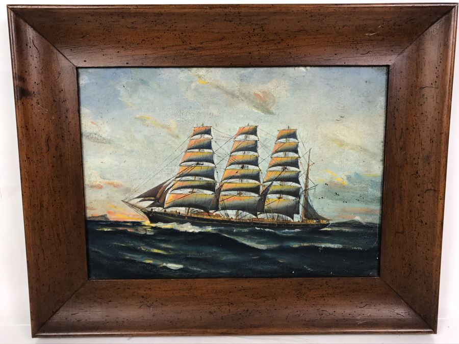 Antique Original Nautical Sailing Ship Oil Painting Signed But Signature Illegible 14 X 10 [Photo 3]