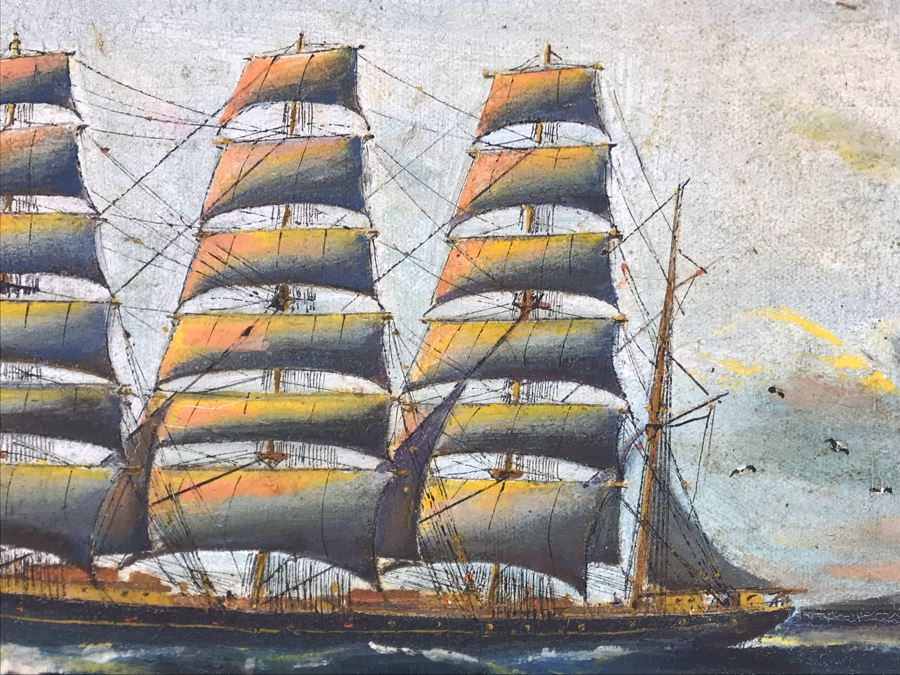 Antique Original Nautical Sailing Ship Oil Painting Signed But Signature Illegible 14 X 10 [Photo 7]
