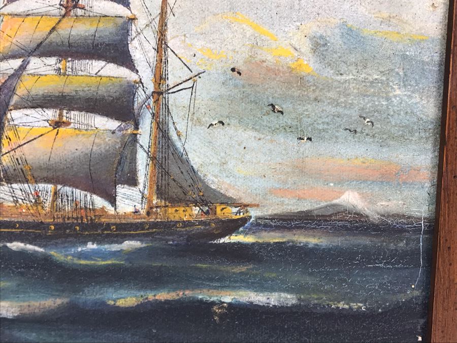 Antique Original Nautical Sailing Ship Oil Painting Signed But Signature Illegible 14 X 10 [Photo 6]