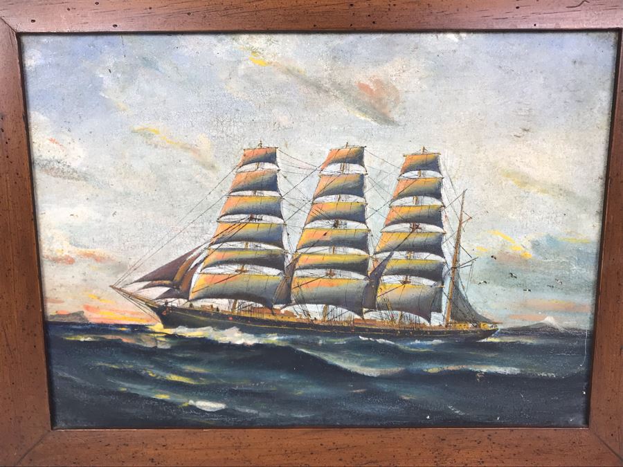 JUST ADDED - Antique Original Nautical Sailing Ship Oil Painting Signed But Signature Illegible 14 X 10 [Photo 1]