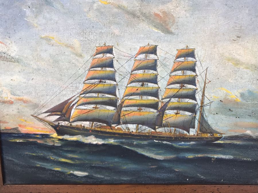 Antique Original Nautical Sailing Ship Oil Painting Signed But Signature Illegible 14 X 10 [Photo 4]