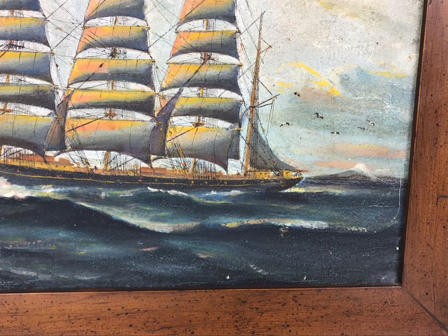 Antique Original Nautical Sailing Ship Oil Painting Signed But Signature Illegible 14 X 10 [Photo 5]