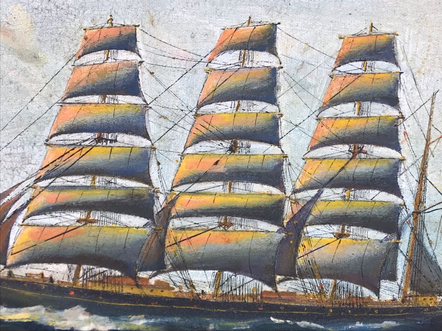 Antique Original Nautical Sailing Ship Oil Painting Signed But Signature Illegible 14 X 10 [Photo 8]