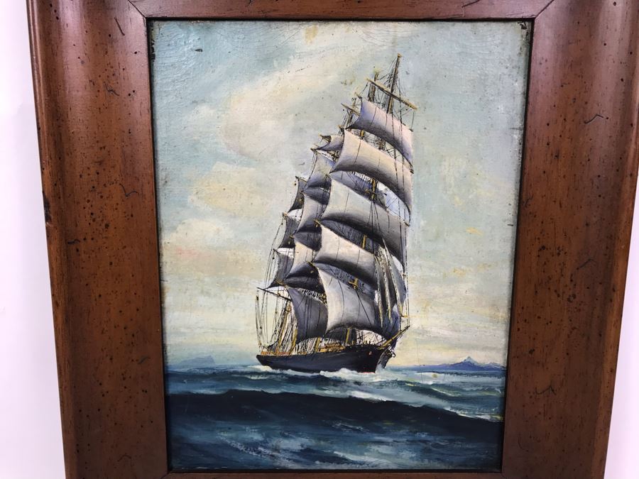 JUST ADDED - Antique Original Nautical Sailing Ship Oil Painting Appears To Be Same Artist As Adjacent Painting 10 X 12 [Photo 1]