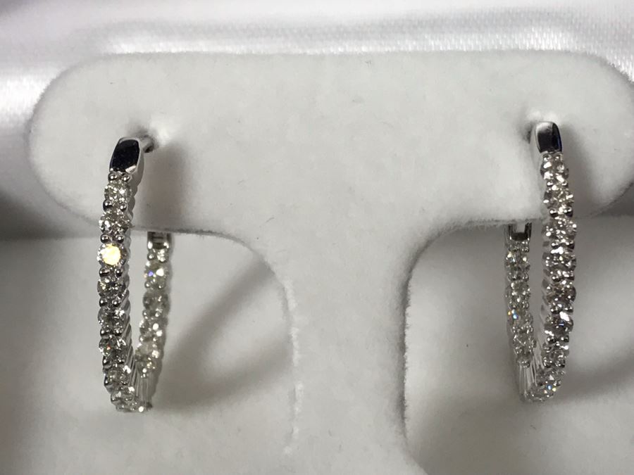 14K White Gold Diamond Hoops Earrings Apx 1.0 Total Carat Weight In Diamonds 3.7g Si-2 To I-1 Appraised Fair Market Value $800 [Photo 9]