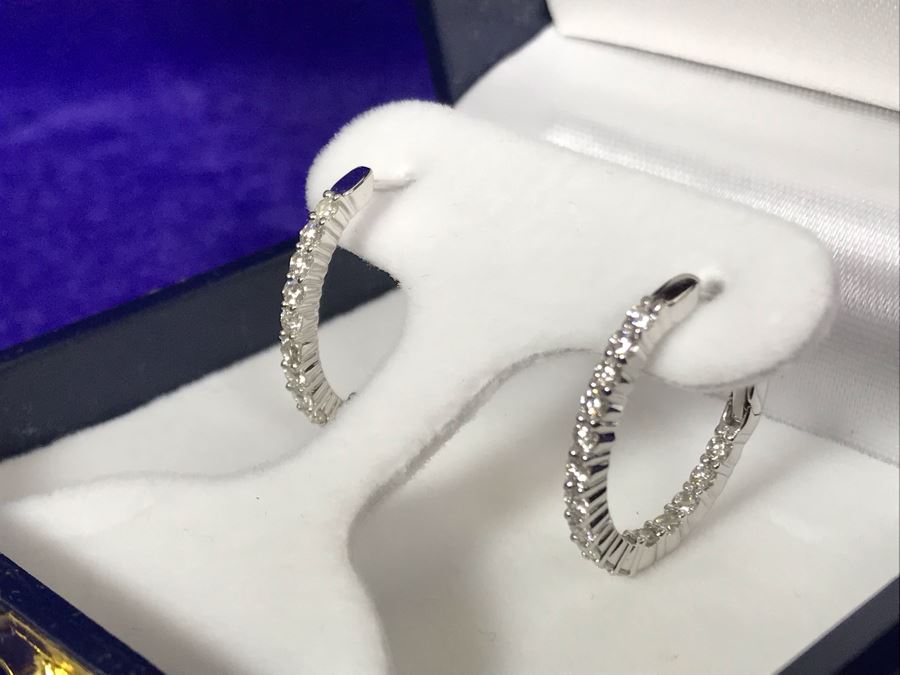 14K White Gold Diamond Hoops Earrings Apx 1.0 Total Carat Weight In Diamonds 3.7g Si-2 To I-1 Appraised Fair Market Value $800 [Photo 5]