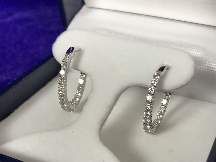 14K White Gold Diamond Hoops Earrings Apx 1.0 Total Carat Weight In Diamonds 3.7g Si-2 To I-1 Appraised Fair Market Value $800 [Photo 4]
