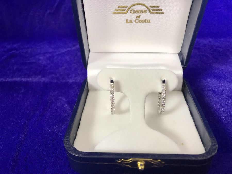 14K White Gold Diamond Hoops Earrings Apx 1.0 Total Carat Weight In Diamonds 3.7g Si-2 To I-1 Appraised Fair Market Value $800 [Photo 3]