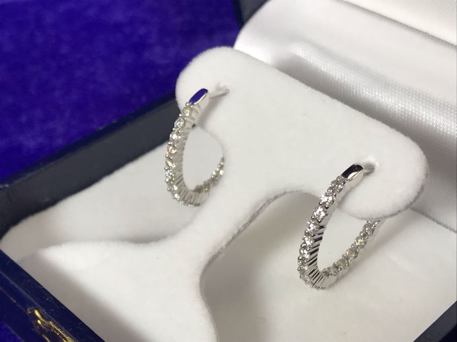 14K White Gold Diamond Hoops Earrings Apx 1.0 Total Carat Weight In Diamonds 3.7g Si-2 To I-1 Appraised Fair Market Value $800 [Photo 6]