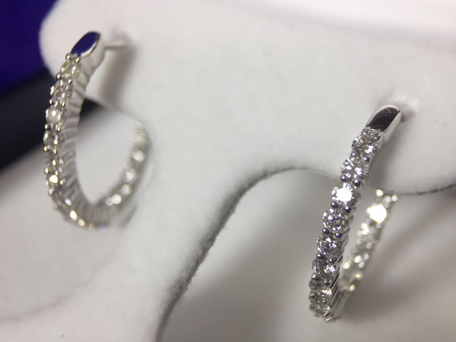 14K White Gold Diamond Hoops Earrings Apx 1.0 Total Carat Weight In Diamonds 3.7g Si-2 To I-1 Appraised Fair Market Value $800 [Photo 16]