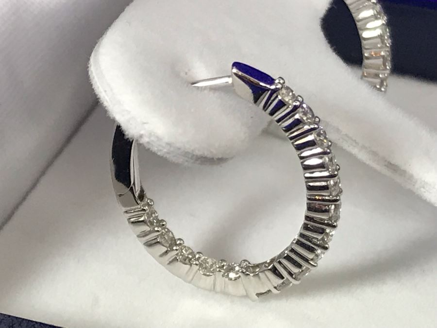 14K White Gold Diamond Hoops Earrings Apx 1.0 Total Carat Weight In Diamonds 3.7g Si-2 To I-1 Appraised Fair Market Value $800 [Photo 12]