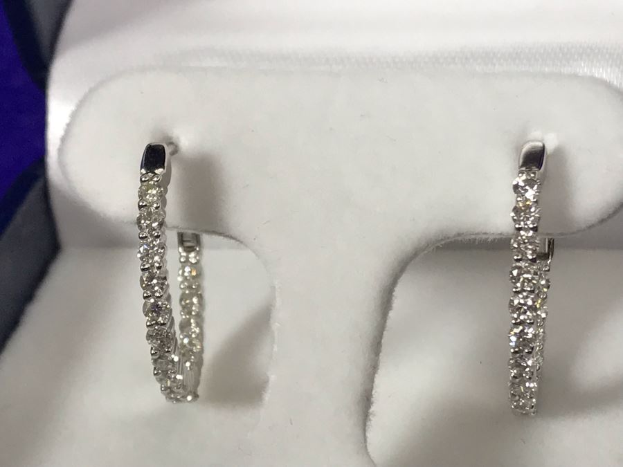 14K White Gold Diamond Hoops Earrings Apx 1.0 Total Carat Weight In Diamonds 3.7g Si-2 To I-1 Appraised Fair Market Value $800 [Photo 8]