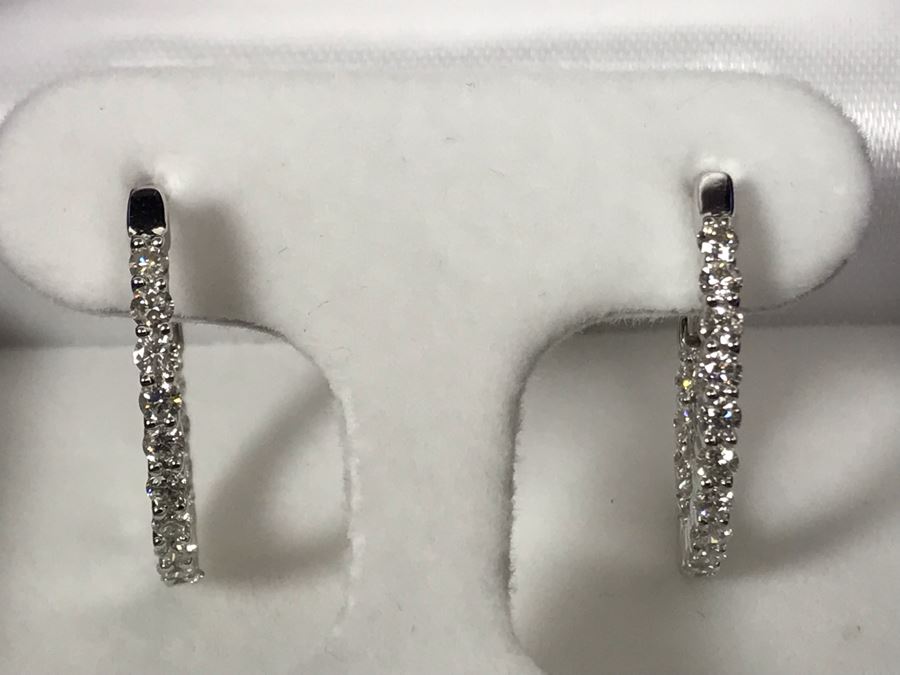 14K White Gold Diamond Hoops Earrings Apx 1.0 Total Carat Weight In Diamonds 3.7g Si-2 To I-1 Appraised Fair Market Value $800 [Photo 7]
