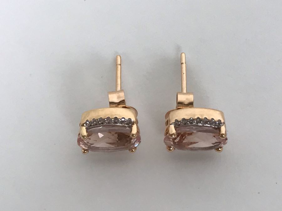 14K Yellow Gold Morganite And Diamonds Earrings Appraised Fair Market Value $350 [Photo 20]
