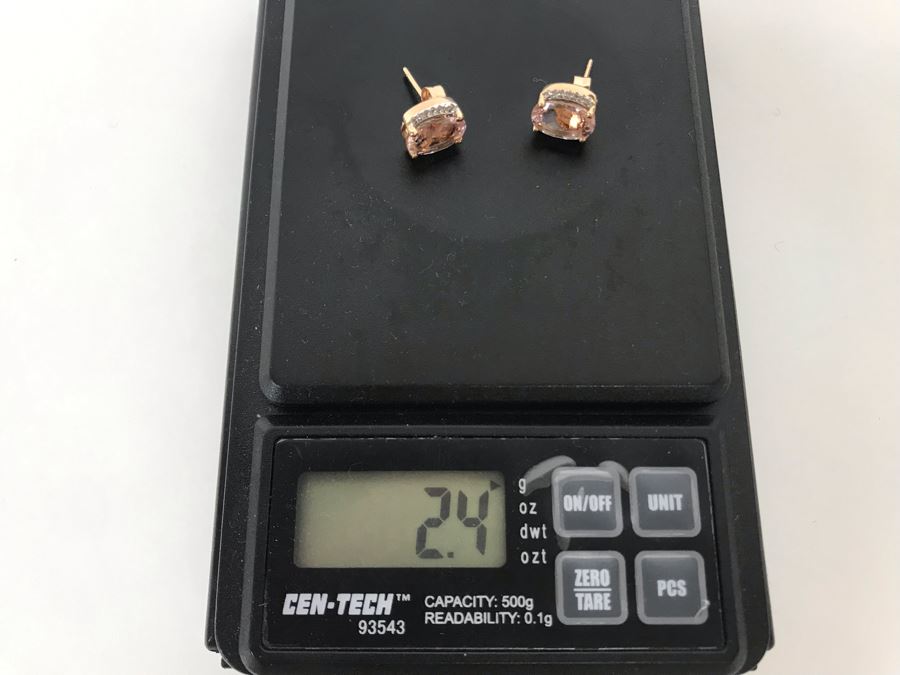 14K Yellow Gold Morganite And Diamonds Earrings Appraised Fair Market Value $350 [Photo 17]