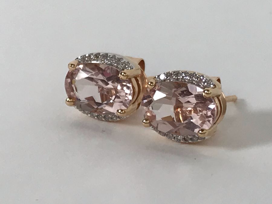 14K Yellow Gold Morganite And Diamonds Earrings Appraised Fair Market Value $350 [Photo 3]