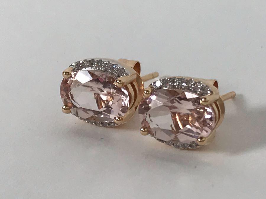 14K Yellow Gold Morganite And Diamonds Earrings Appraised Fair Market Value $350 [Photo 2]