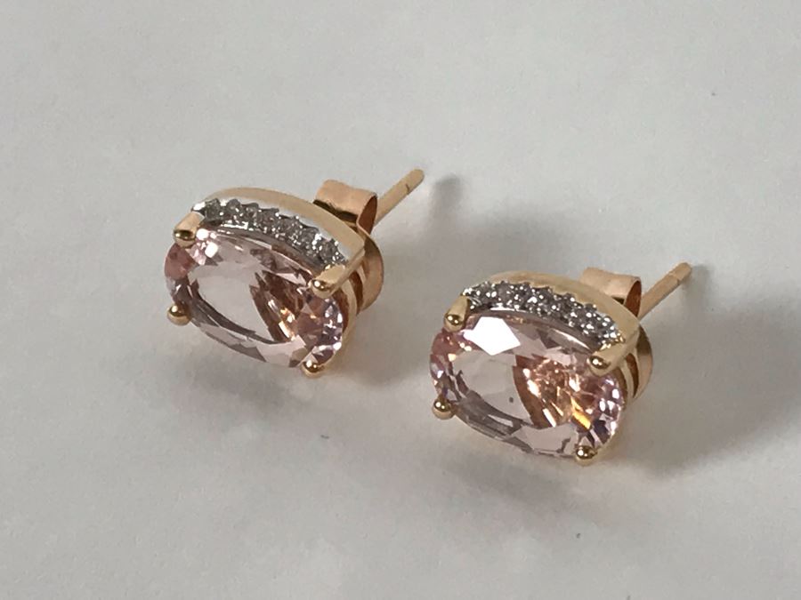 14K Yellow Gold Morganite And Diamonds Earrings Appraised Fair Market Value $350 [Photo 8]