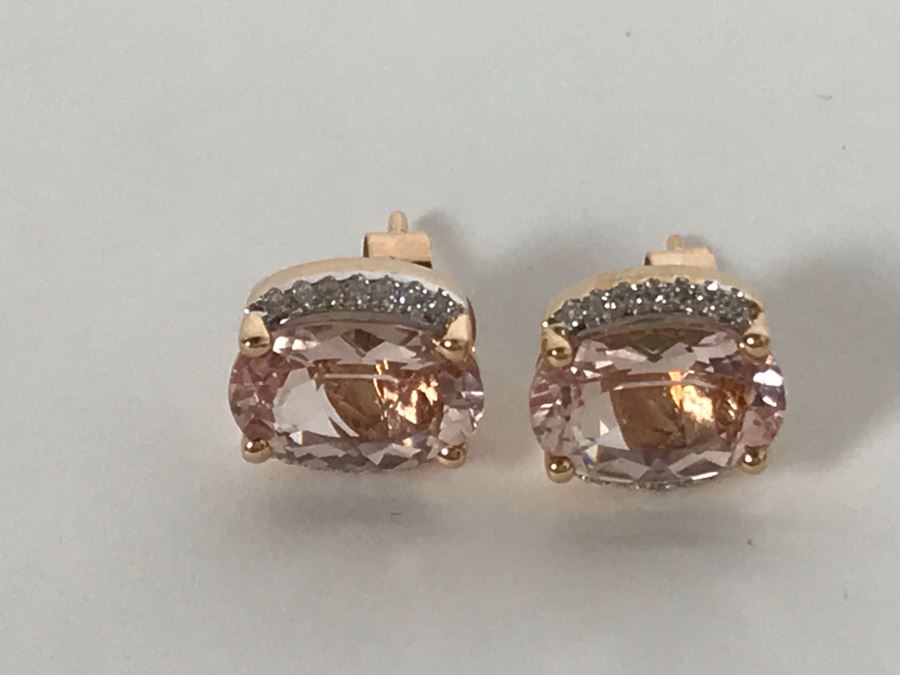 14K Yellow Gold Morganite And Diamonds Earrings Appraised Fair Market Value $350 [Photo 13]