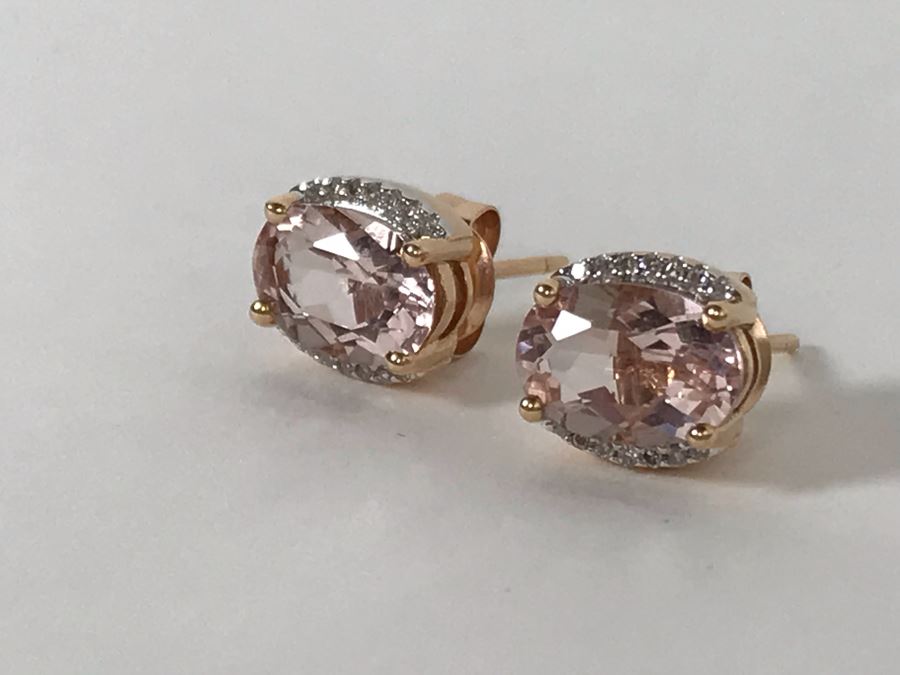 14K Yellow Gold Morganite And Diamonds Earrings Appraised Fair Market Value $350 [Photo 6]