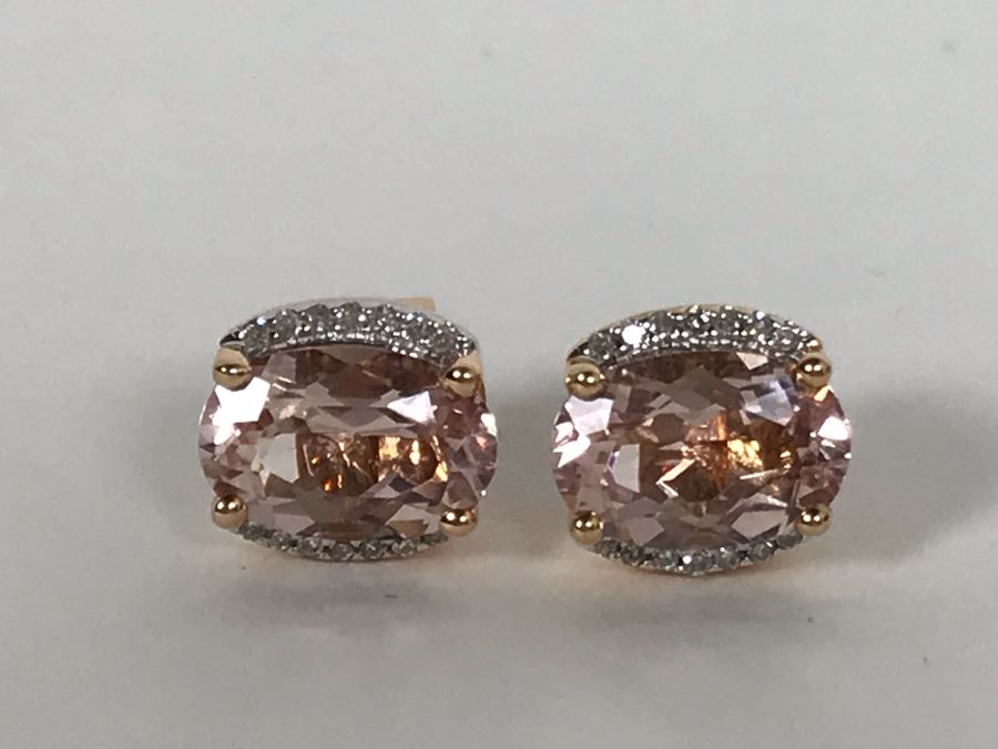 14K Yellow Gold Morganite And Diamonds Earrings Appraised Fair Market Value $350 [Photo 12]