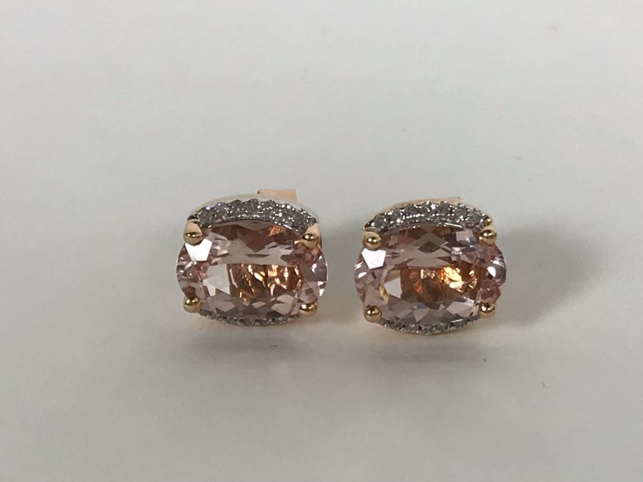 14K Yellow Gold Morganite And Diamonds Earrings Appraised Fair Market Value $350 [Photo 10]