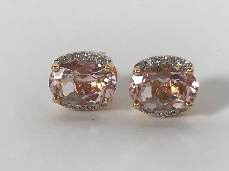 14K Yellow Gold Morganite And Diamonds Earrings Appraised Fair Market Value $350 [Photo 5]