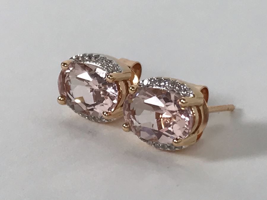 14K Yellow Gold Morganite And Diamonds Earrings Appraised Fair Market Value $350 [Photo 4]