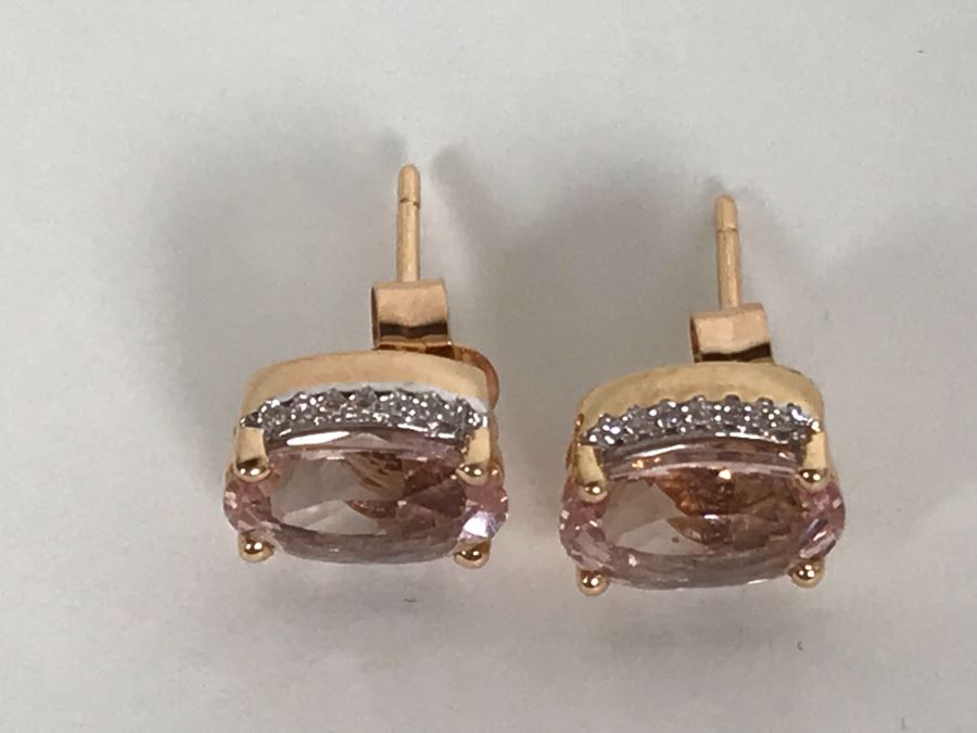 14K Yellow Gold Morganite And Diamonds Earrings Appraised Fair Market Value $350 [Photo 15]