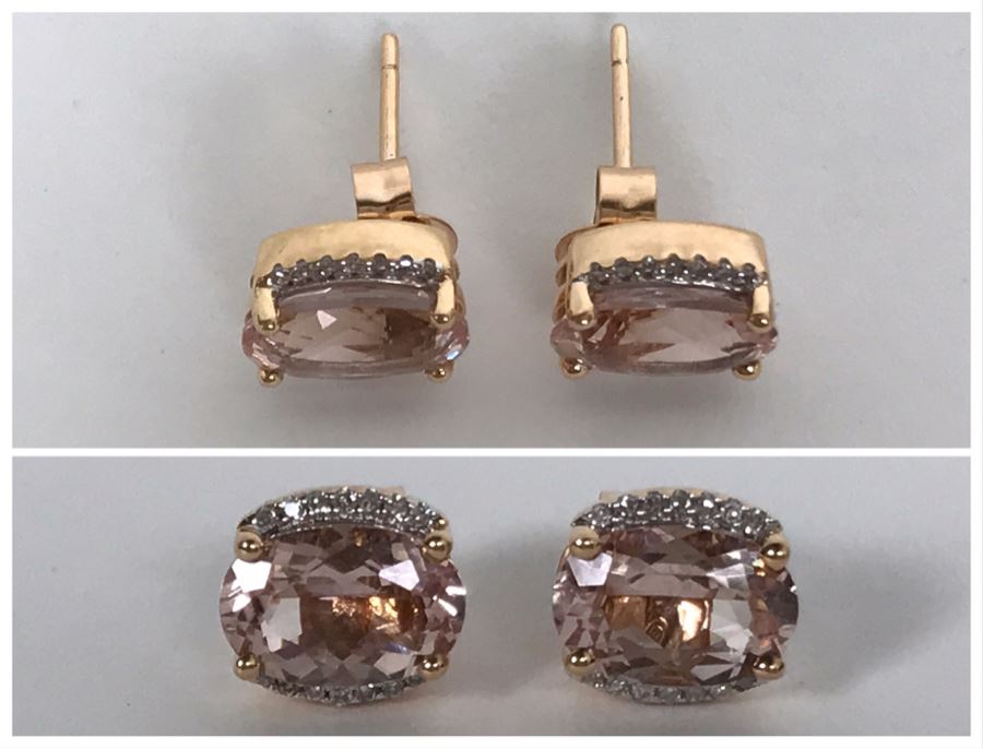 14K Yellow Gold Morganite And Diamonds Earrings Appraised Fair Market Value $350