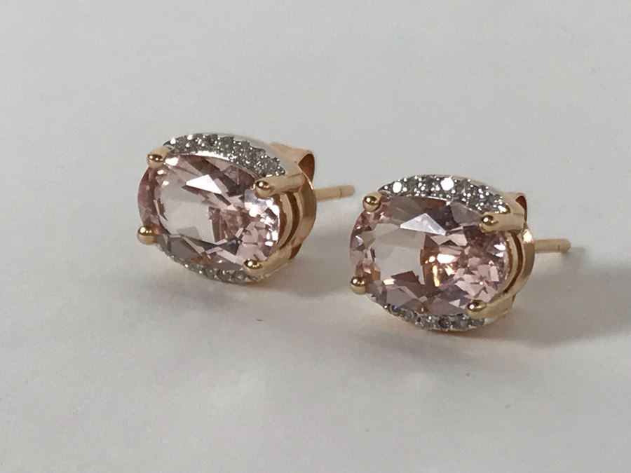 14K Yellow Gold Morganite And Diamonds Earrings Appraised Fair Market Value $350 [Photo 7]