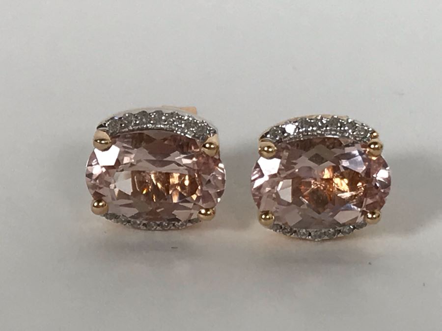 14K Yellow Gold Morganite And Diamonds Earrings Appraised Fair Market Value $350 [Photo 11]