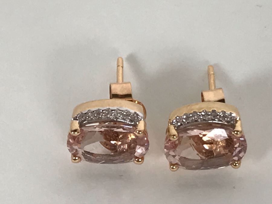 14K Yellow Gold Morganite And Diamonds Earrings Appraised Fair Market Value $350 [Photo 14]