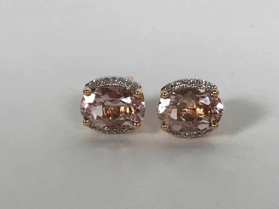 14K Yellow Gold Morganite And Diamonds Earrings Appraised Fair Market Value $350 [Photo 9]