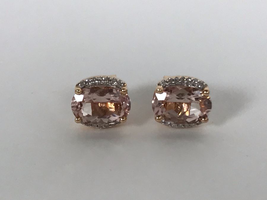 14K Yellow Gold Morganite And Diamonds Earrings Appraised Fair Market Value $350 [Photo 19]