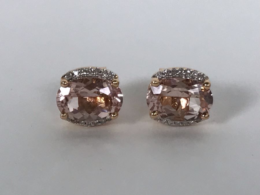 14K Yellow Gold Morganite And Diamonds Earrings Appraised Fair Market Value $350 [Photo 18]