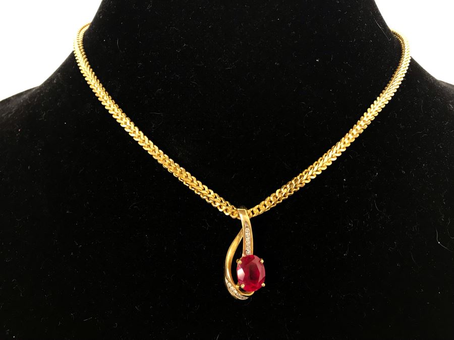 14K Yellow Gold Chain With 14K Yellow Gold Synthetic Ruby And Diamonds Pendant 10.5g