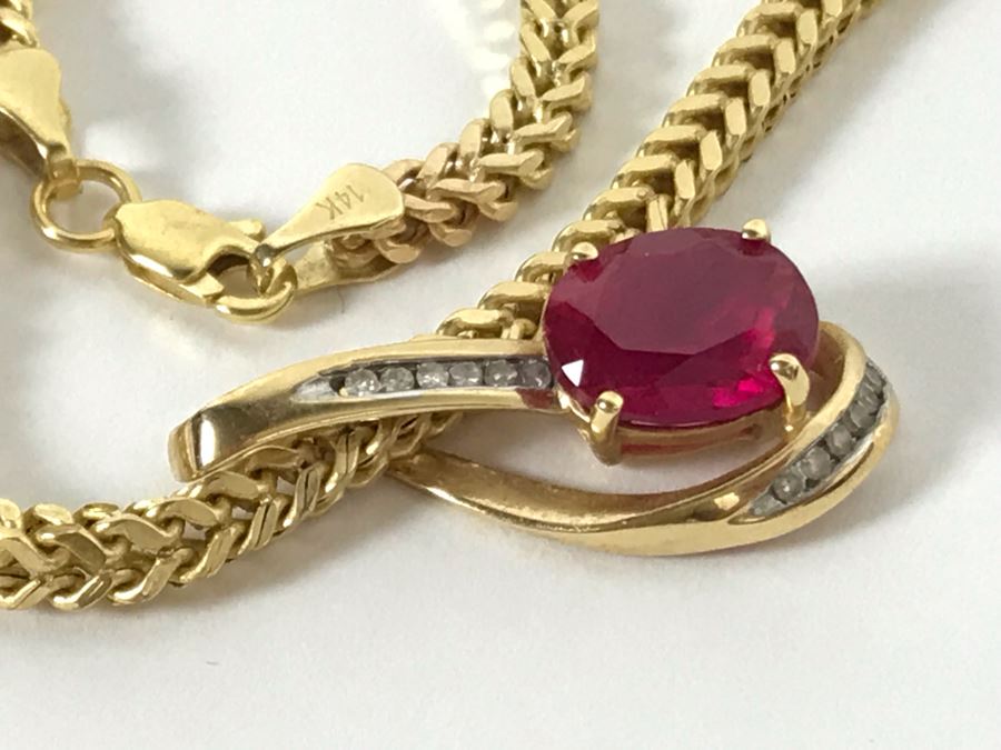14K Yellow Gold Chain With 14K Yellow Gold Synthetic Ruby And Diamonds Pendant 10.5g [Photo 9]
